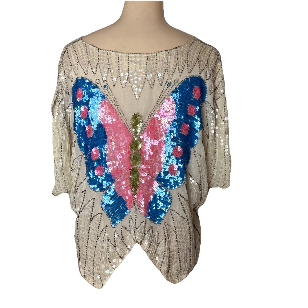 Vintage Butterfly Beaded & Sequins Queen Top Made In India Party Shirt Silk M/L - Picture 6 of 13